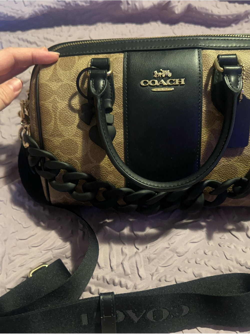 Coach Tan Signature Canvas Satchel with Black Leather Trim